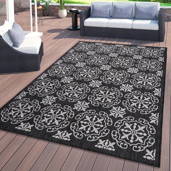 World Rug Gallery Transitional Geometric Textured Flat Weave Indoor/Outdoor Area Rug 5' x 7' Black 119BLACK5X7 - main